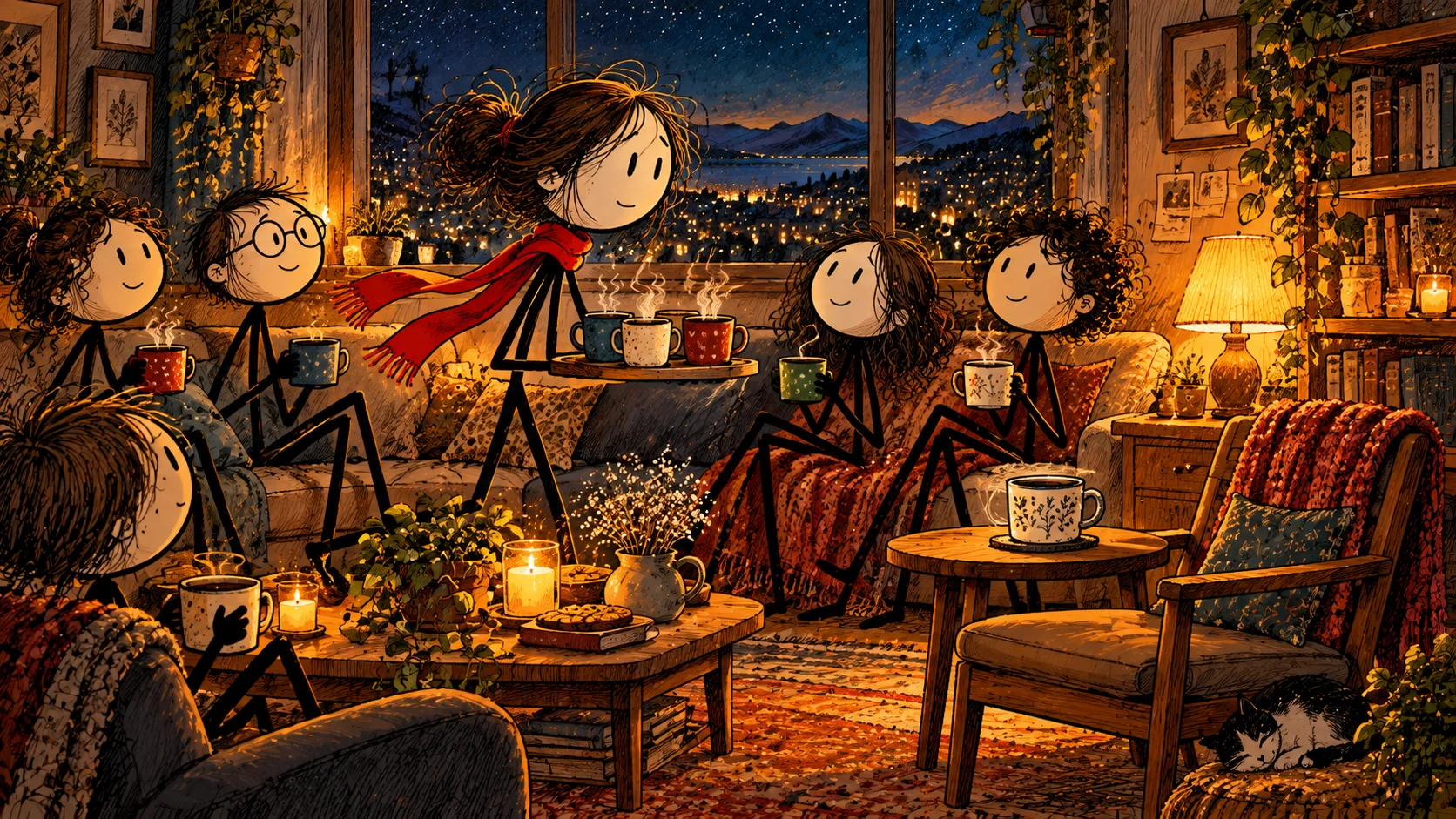 Ilustração do Rabiscalma com personagens de palito: Adulto carrega várias xícaras para pessoas ao redor e nota sua própria cadeira vazia junto a uma xícara intacta.