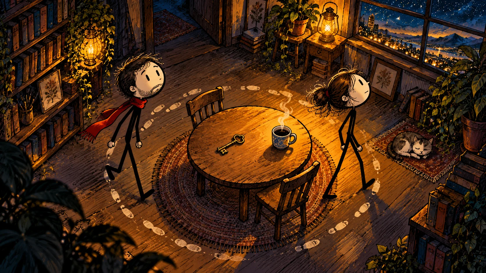 Ilustração do Rabiscalma com personagens de palito: Dois adultos caminham ao redor de uma mesa circular sobre a qual há uma chave e uma xícara.