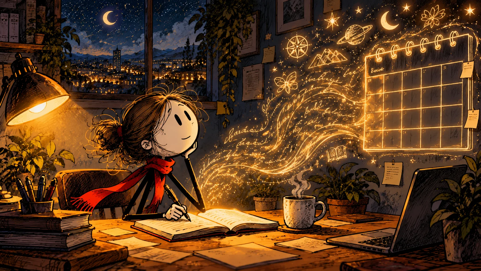 Ilustração do Rabiscalma com personagens de palito: Pessoa adulta anota fatos num caderno ao lado de uma mesa de escritório.
