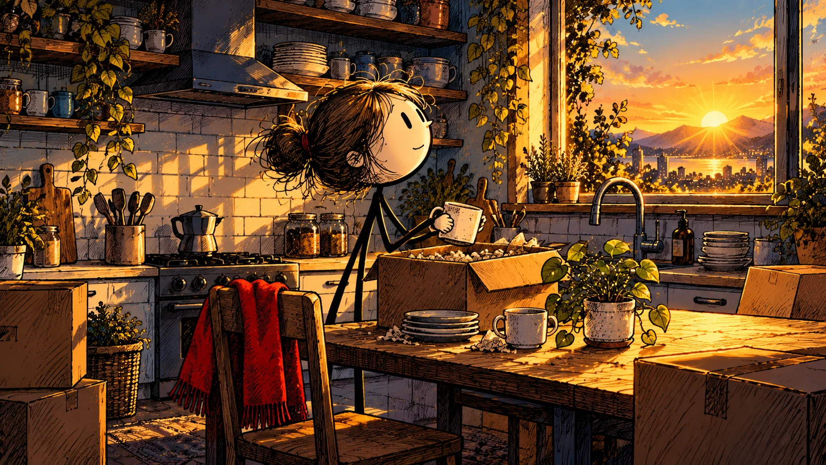 Ilustração do Rabiscalma com personagens de palito: Adulto organiza uma cozinha numa casa nova: uma caixa aberta, uma caneca, uma pequena planta e luz do amanhecer pela janela.