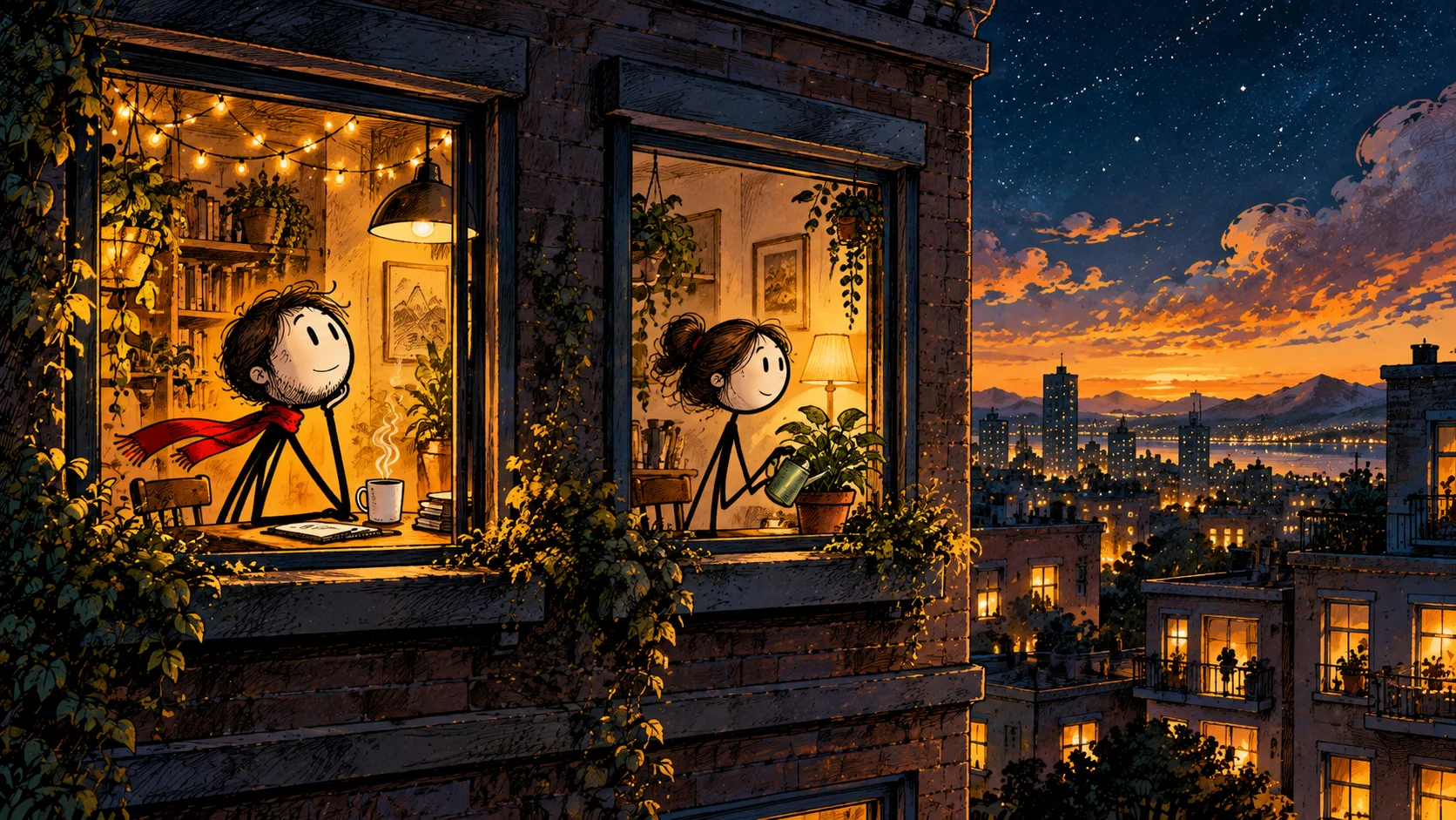 Ilustração do Rabiscalma com personagens de palito: Duas janelas lado a lado vistas de um prédio ao entardecer.