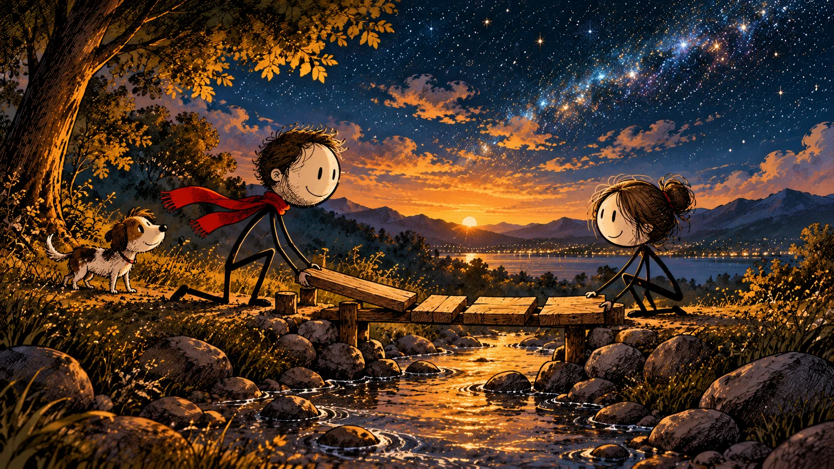 Ilustração do Rabiscalma com personagens de palito: Dois adultos em margens próximas de um riacho constroem uma pequena ponte com tábuas e espaço entre si.