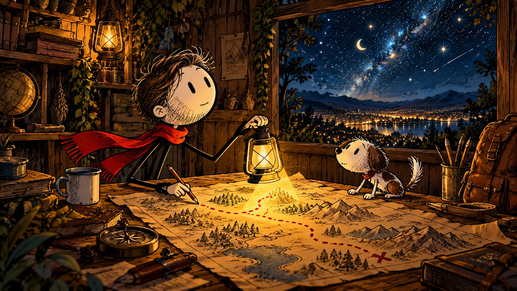 Ilustração do Rabiscalma com personagens de palito: Adulto de cachecol vermelho numa oficina escolhe uma trilha num mapa de papel sem palavras, cercado de pequenas ferramentas.