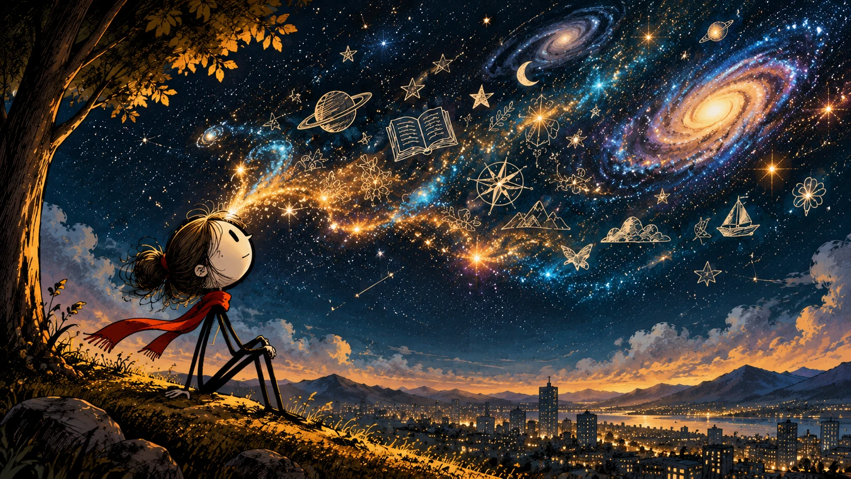 Personagem de cachecol vermelho diante de um céu repleto de ideias